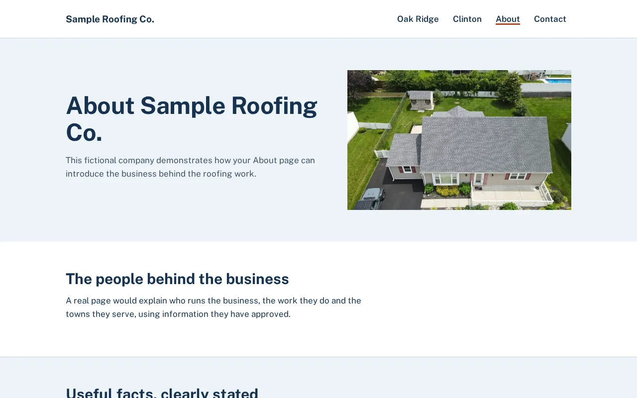 Screenshot of the illustrative Sample Roofing Co. About page