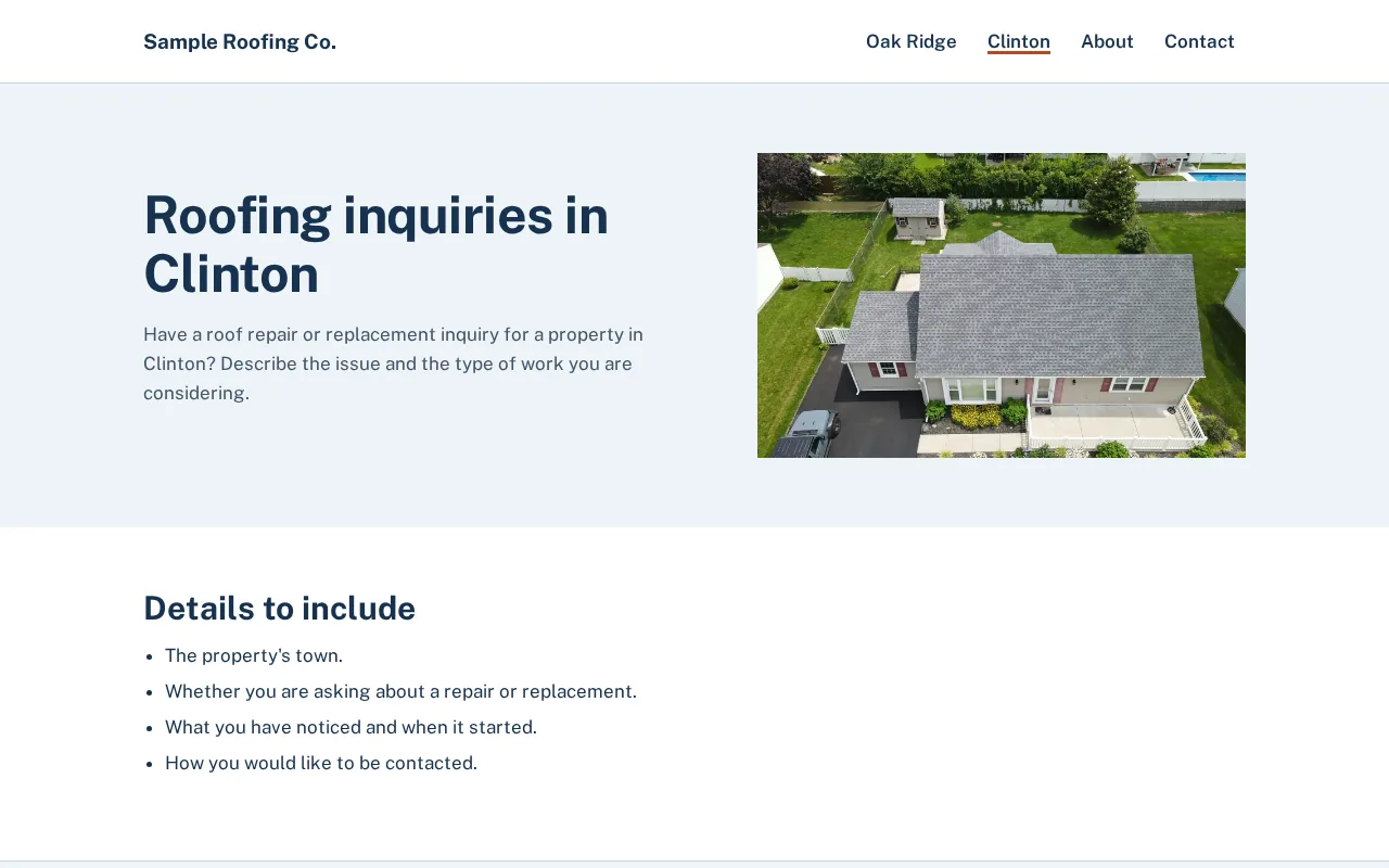 Screenshot of the illustrative Sample Roofing Co. Clinton nearby-town page