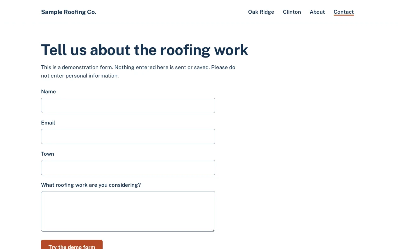 Screenshot of the illustrative Sample Roofing Co. Contact page