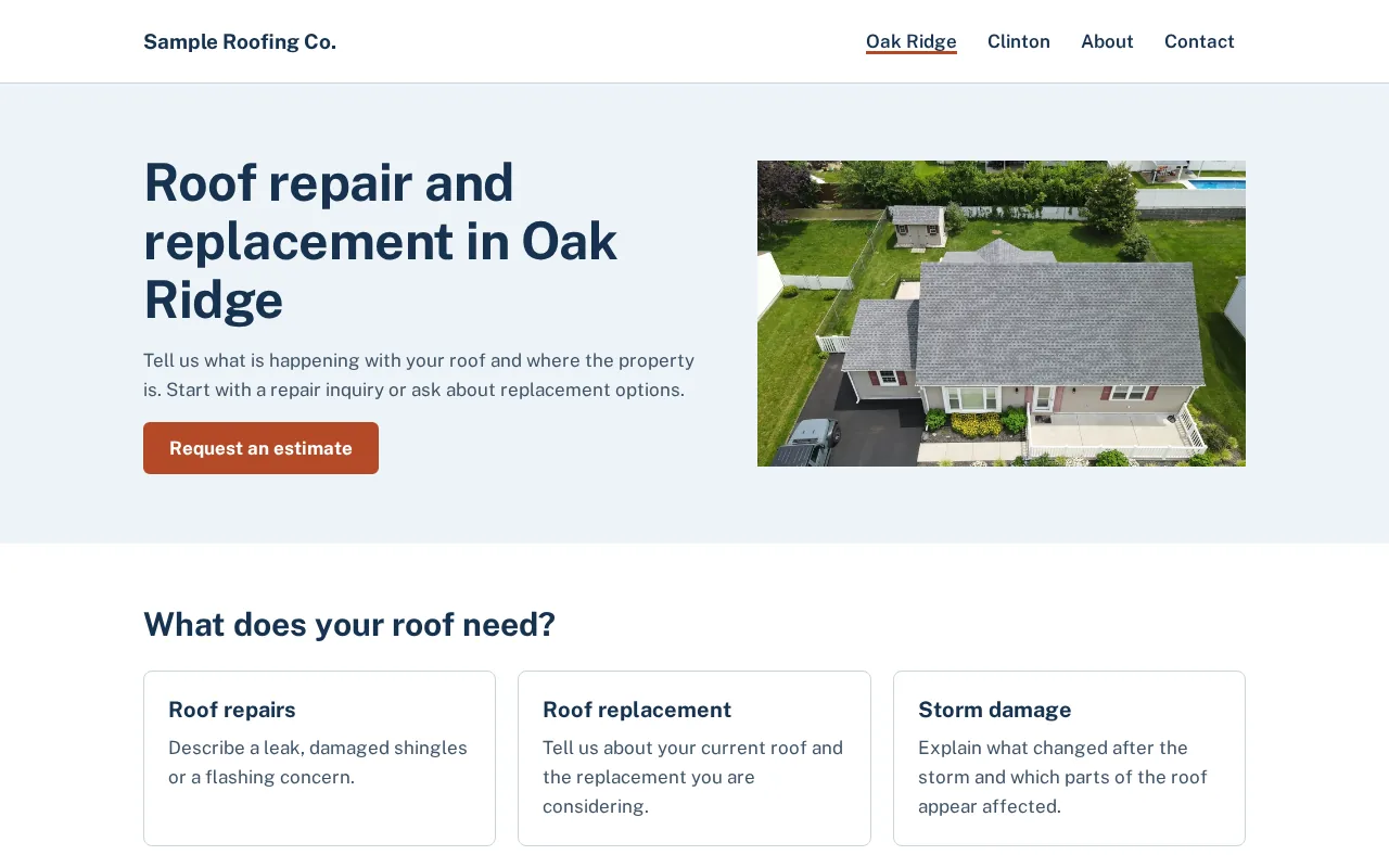 Screenshot of the illustrative Sample Roofing Co. main town page, with four numbered markers