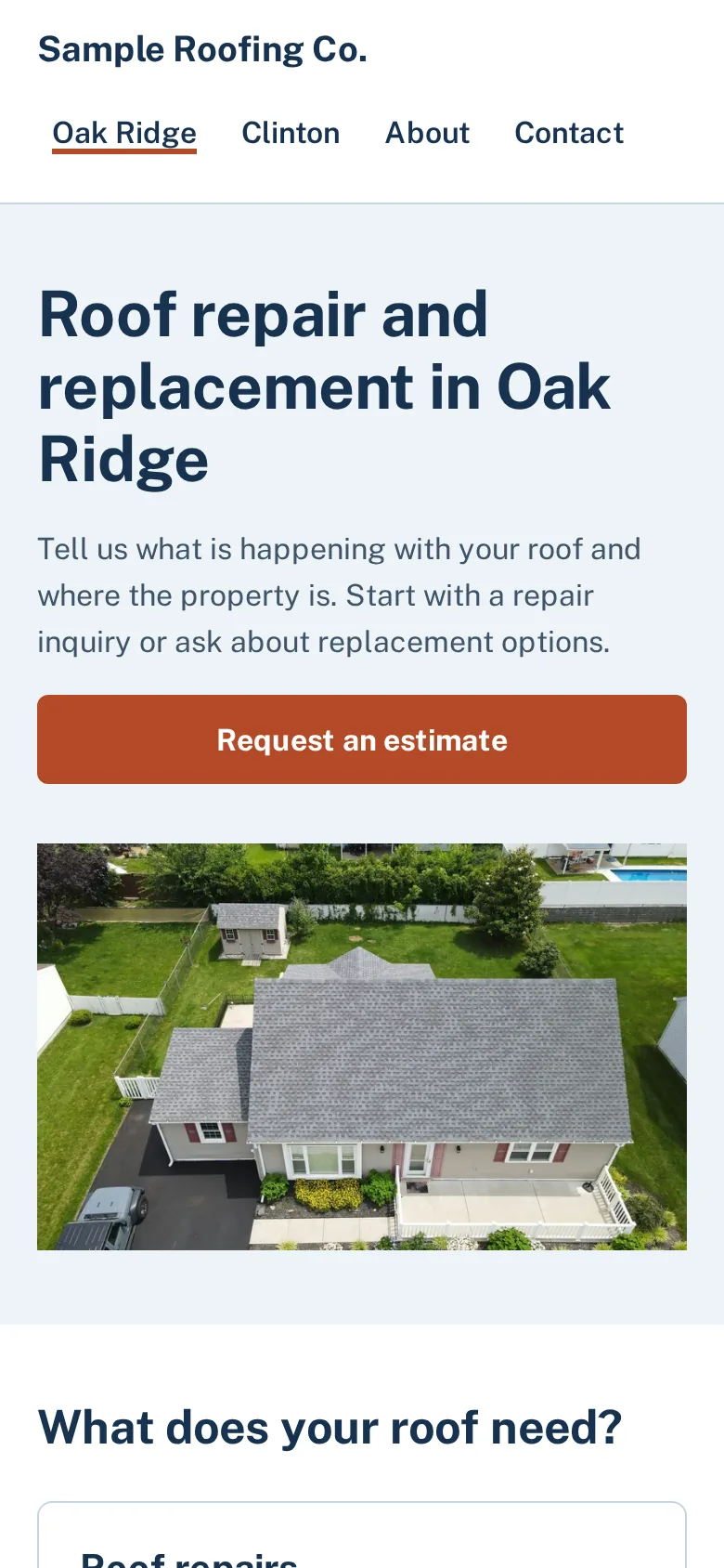 Phone view of the illustrative Sample Roofing Co. main town page: a heading naming the town and the job, and one Request an estimate button.